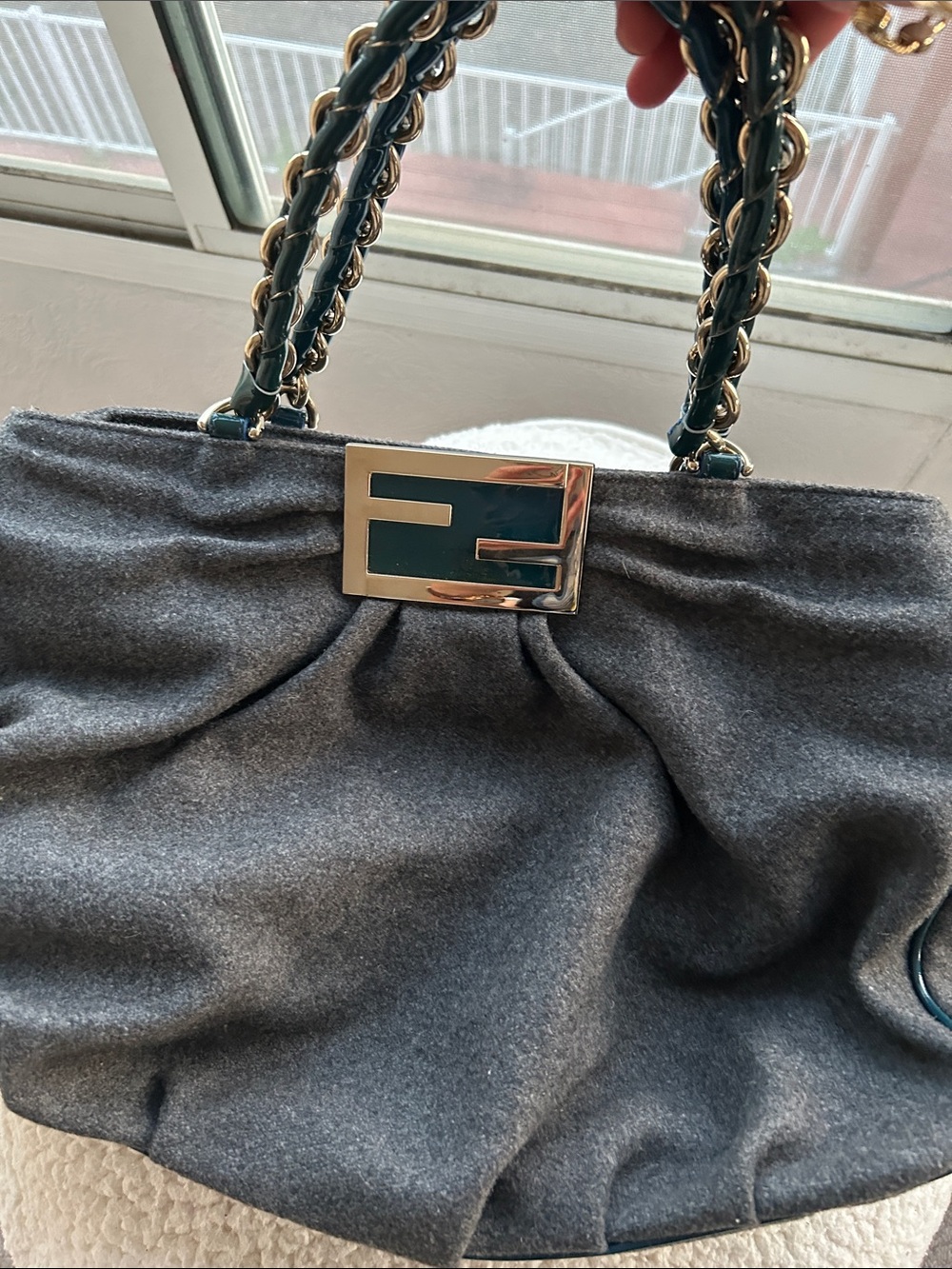 Fendi Gray Wool Shoulder Bag with Gold Chain Handles